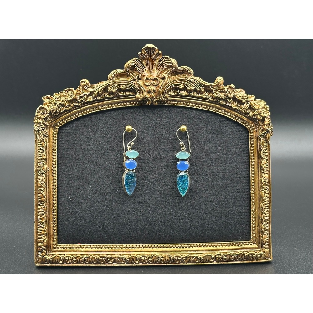 Handmade Sterling Silver Dichroic Glass & Blue Stone Drop Earrings 1.5" Vintage